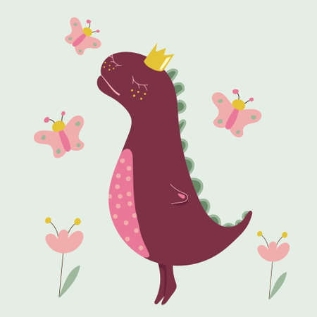 Princess dinosaur, flowers and butterflies. Pink dinosaur Vectorのイラスト素材