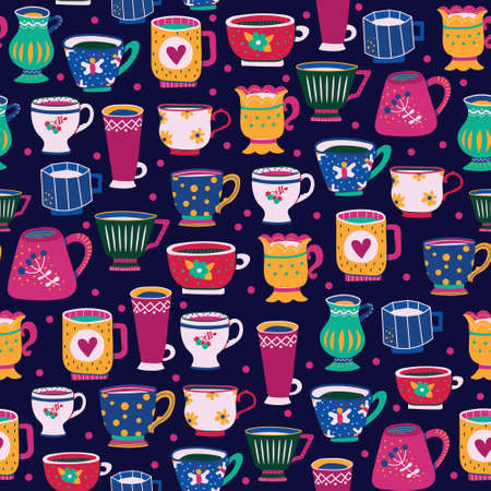 Seamless pattern of different beautiful cups on a dark background. Design element. Beautiful glassware for drinks. Coloring. Vector. Flat design.のイラスト素材