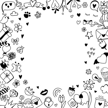 Doodle illustration. Flowers, twigs, insects. Hand-drawn. Vector illustrationのイラスト素材