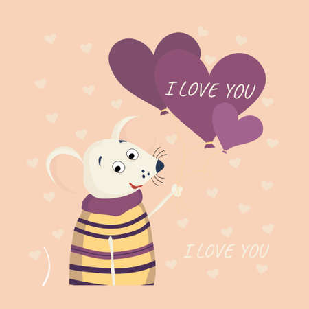 Cute little mouse vector illustrator is holding balloons. Valentine's Day. Valentines day greeting card. Colorful design background with objects and symbols. Holidays invitation card, poster, banner. Vector.のイラスト素材