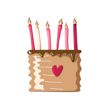 Beautiful delicious cake with candles. isolated on white background. Doodle illustration. For design...