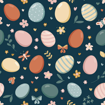 Vector seamless pattern of a color eggs on a dark background. Illustration of easter decorative eggs background textile or wrapping. Traditional easter ornament. happy easter. hand-drawn. Vector.のイラスト素材