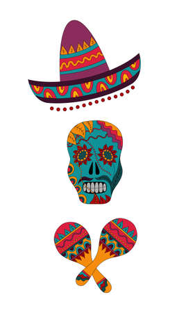 Bright colorful stylish vector illustration about Mexico. Traditional Mexican symbols Mexican skull, sombrerero, maracas isolated on white background. Flat design. Hand-drawnd. Vector illustration.のイラスト素材