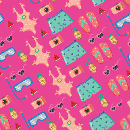 Marine seamless pattern on a pink background. Cute summer icons. Tropical holidays. Summer beach....