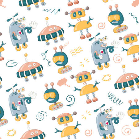 Seamless pattern of happy smiling cartoon robots for children. Vector.のイラスト素材