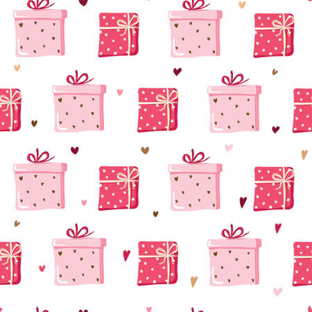 Bright colored seamless pattern on a white background. Gift box with bows and tied with ribbons isolated on white background. Doodle illustration. Design holiday banner. Vector.のイラスト素材
