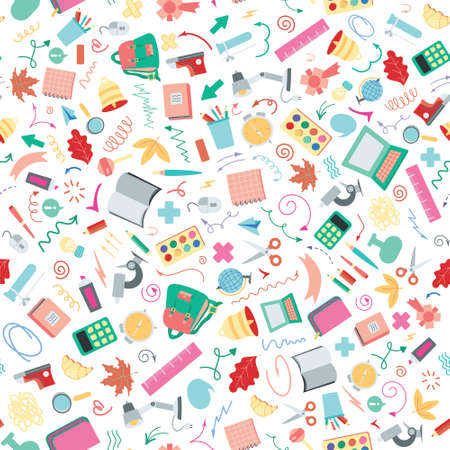 Seamless bright pattern of school supplies on a white background. back to school. vectorのイラスト素材
