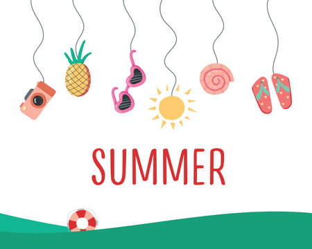 Sea. Summer. rest. Summer background with hanging summer icons and the inscription Summer. Vector.