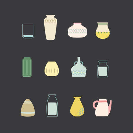 Set of pots and vases for flowers and home decor. Bright vase isolated on a dark background. flat design. Vector.のイラスト素材
