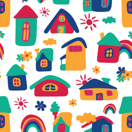 Seamless pattern of cute houses. Funny houses of different shapes. Vector illustration.のイラスト素材