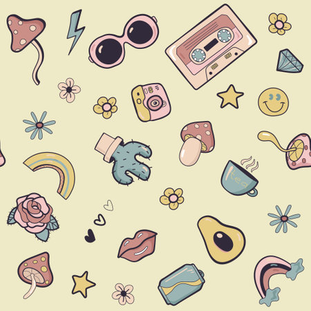 Abstract seamless pattern with doodle: glasses, cassette, rainbow, mushrooms, flowers, lips, cactus, camera, rose, avocado, tea, star. Vector illustration.のイラスト素材