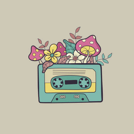 Beautiful old music cassette with flowers. Lineart. Doodle. Vector illustration.のイラスト素材