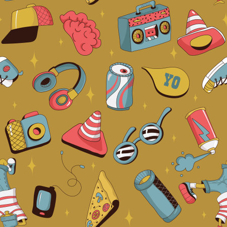 Abstract seamless pattern with doodle: funny sunglasses, tape recorder, pizza, drink, earphones, camera, sneakers, graffiti spray, kalonka, cap, etc. Vector illustration.のイラスト素材