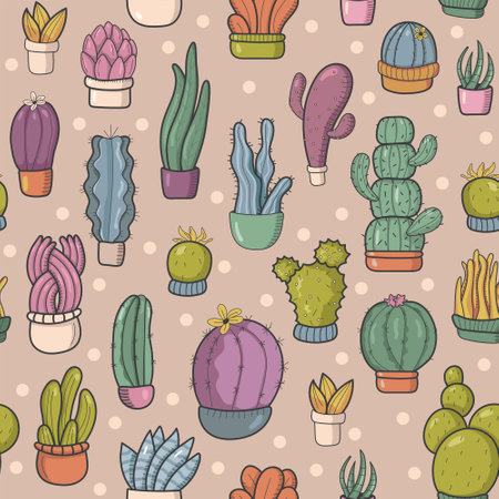 Seamless color pattern of cacti and succulents. Beautiful design. For flower and plant shop, garden, seeds, childrens illustration. Vector illustration.のイラスト素材