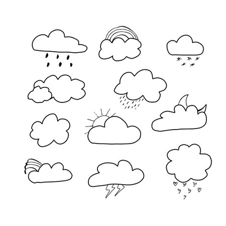 black cloud icon set doodle. Vector flat design. Collection of cloud for use in as logo or weather icon. Vectorのイラスト素材
