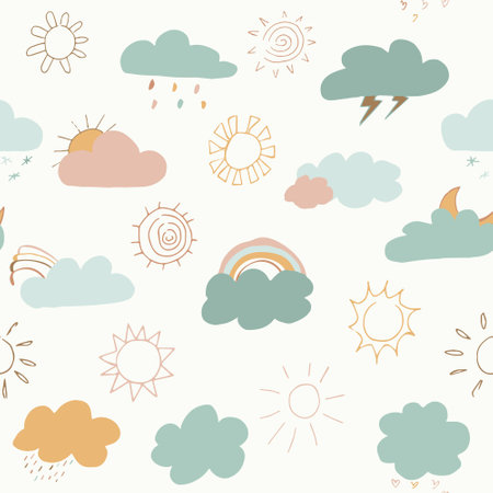 multicolored clouds stars sequins seamless pattern. Cute clouds seamless pattern, cartoon background...