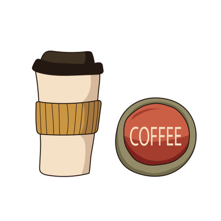 Glass of coffee and a power button. The concept of a morning energy drink. The drink is isolated on a white background. Vector.のイラスト素材