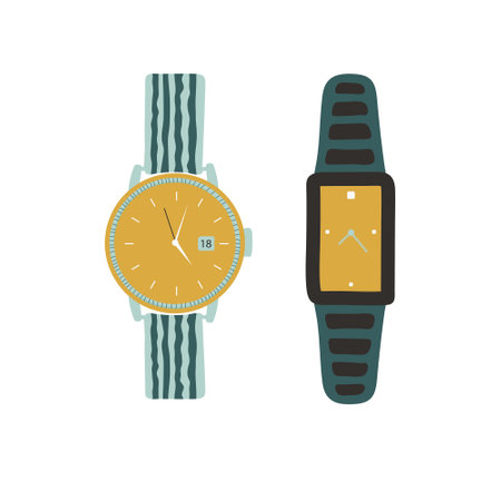 Vector Set of mens and womens watches. Watches collection isolated on white background. Bright hours. Vector illustrationのイラスト素材