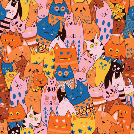 Seamless pattern of beautiful, bright cats. Perfect for wallpapers, gift paper, greeting cards, fabrics, textiles, web designs. vector hand drawnのイラスト素材