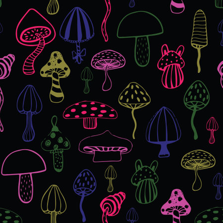 Very bright seamless pattern of colored large mushrooms. bright mushrooms. A lot of mushrooms. Fabric, wallpaper. Vectorのイラスト素材