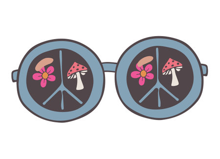 Hippie Sunglasses with Rainbow lenses and peace sign. Sticker, patch, t-shirt print, logo design. isolated on white background. Vectorのイラスト素材
