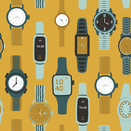 Vector seamless pattern of men's and women's watches and dials. Watch collection on white background. Bright hours. vectorのイラスト素材