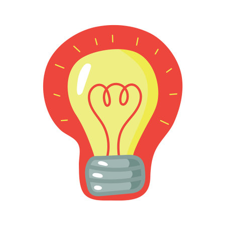 Yellow Light bulb with rays shine. Cartoon light bulb isolated on white background. flat style. Doodle style. Symbol of creativity, innovation, inspiration, invention and idea. Vectorのイラスト素材