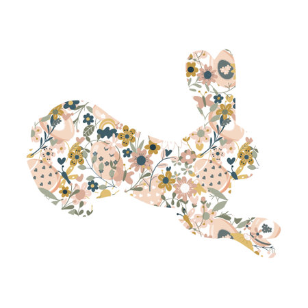 Easter Bunny with flowers, branches, insects ornament symbol of spring. Hare with seamless floral pattern. isolated on white background. Zodiac 2023. For postcards, invitations.のイラスト素材