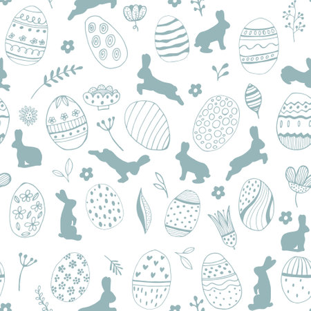 Rabbit flowers of eggs Seamless pattern mint color on a white background. Easter hare and holiday food. Fabric, wrapping paper. vectorのイラスト素材