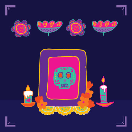 Mexico Dia de Los Muertos Altar with sugar skull and candles. square frame. Skull, flowers, garlands, flags. Mexican National Holiday Day of the dead. Congratively postcard, banner. Vector.のイラスト素材
