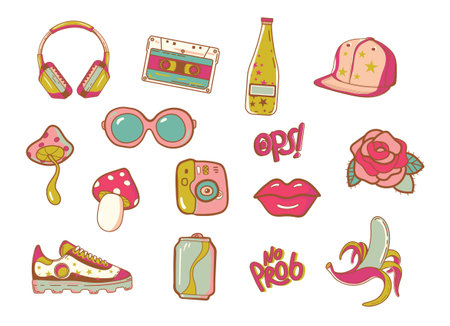 classic pop element 80s 90s. Sticker pack, fashion patch, badge, emblem. headphones, bottle of water, cap, sneakers, mushrooms, rose, camera lips, banana, music cassette isolated on white background Vectorのイラスト素材