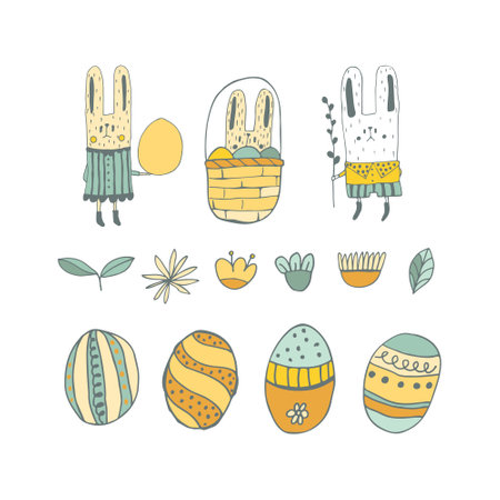 Little funny rabbits, Easter eggs with botanical elements set doodle style. Happy easter hand drawn isolated on white background. Spring holiday. Happy Easter. Vector Illustration.のイラスト素材