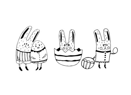Cute rabbits with a basket with Easter eggs. Cute easter bunny isolated on white background. Traditional element. Happy easter. Vector illustration.のイラスト素材
