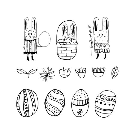 Little funny rabbits, Easter eggs with botanical elements set doodle style. Happy easter hand drawn isolated on white background. Spring holiday. Happy Easter. Vector Illustration.のイラスト素材