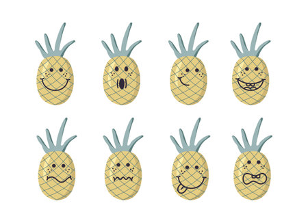 Beautiful pineapples with different emotions. funny fruits. sticker set. Bright decorative set of design elements. All objects are separated. Drawn by hand. Vector.のイラスト素材