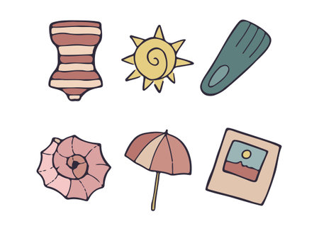 Set of cute summer icons isolated on white backgroun. Tropical holidays. Summer beach. Vector illustration.のイラスト素材