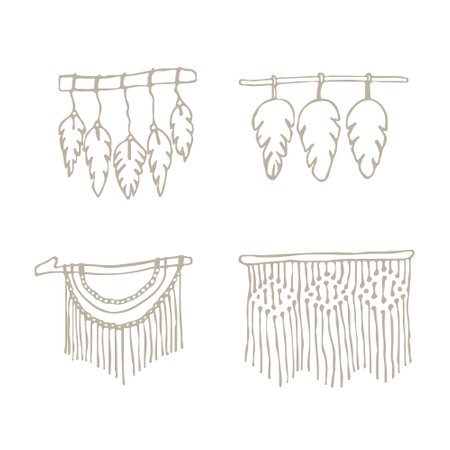 Set macrame boho wall hanging vector illustration isolate on white background. boho doodle. Home element. Cozy house. Handmade knitted wall decoration. Crochet. Ropeのイラスト素材