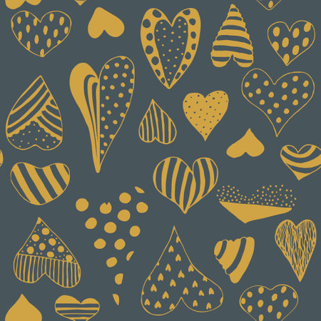 Seamless pattern of cute hearts on a dark background. Wallpaper for season decoration, wrapping paper, clothing prints. Vector.のイラスト素材