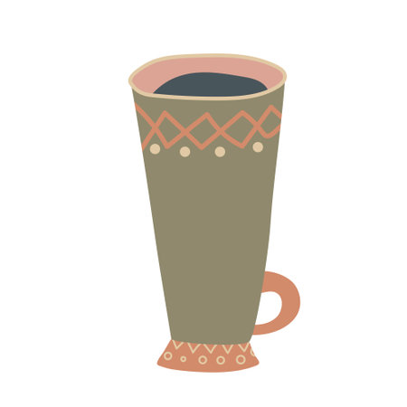 Cup decorated with design elements collection of different modern vector flat illustration. colored mug filling by beverages isolated. Cute trendy crockery with handle for drink. Vector.のイラスト素材