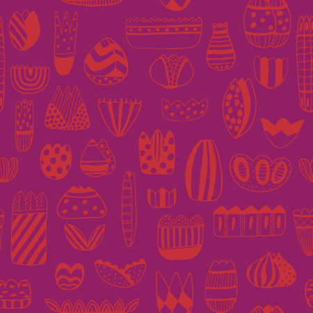 Seamless repeating pattern with abstract flowers, birds and leaves in pink, red, black colors. Flat simple fabric, gift wrap, wall design.のイラスト素材