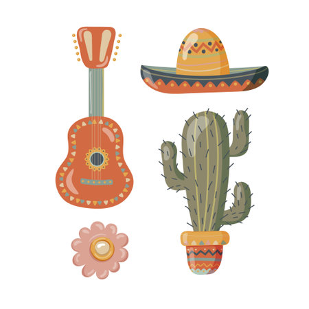 Cinco de mayo, federal holiday in Mexico. Cactus with guitar and sombrero. isolated on white background. vector banner. vectorのイラスト素材