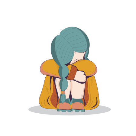 Girl sits and hugs her knees with her hands. Girl is sad. Isolated on a white background. Vector illustrationのイラスト素材