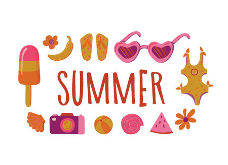 colorful beautiful summer stickers. Summer nautical hand drawn lettering vector set. Bright...