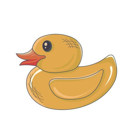 yellow duck cute toy isolated on white background. traditional bathing toy. greeting sweet postcard. vector illustration. hand drawnのイラスト素材