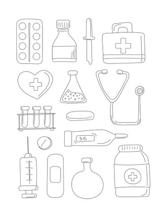 Collection of medical instruments isolated on white background. Doodle. All items are separated.のイラスト素材