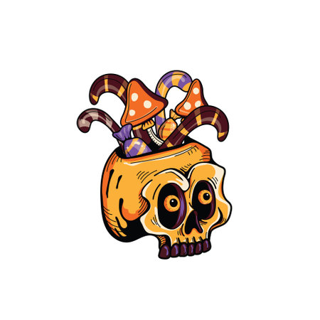 Candy and mushrooms in the bright skull on white background. Design template for advertising, web, social media. Halloween Happy holiday. Vector.のイラスト素材
