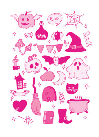 Bright pink elements for Halloween design stickerpack. Pumpkin, Skull, Ghost, Gravestone, Spider, Candy, Broom, Hat, Eye, Potion, Bone, and more. Halloween labels, icons and objects. Happy holiday. All objects are separated. Vector illustration.のイラスト素材