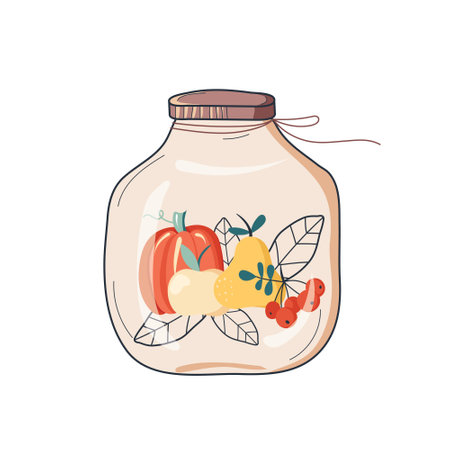 Homemade jars for preserving fruits and vegetables. autumn harvest season. autumn fruits and leaves. abstraction. vectorのイラスト素材