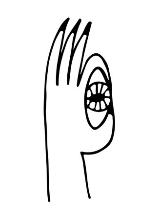 hand is holding an eye. witch hands poster. female hands with long nails. Psychedelic style. abstract illustration. Vector illustration isolated on white backgroundのイラスト素材