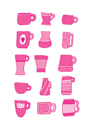 Set pink beautiful mugs in a retro style on a white background. Tea drink. Beverages. design element. Beautiful glassware for drinks. Vector. flat design.のイラスト素材